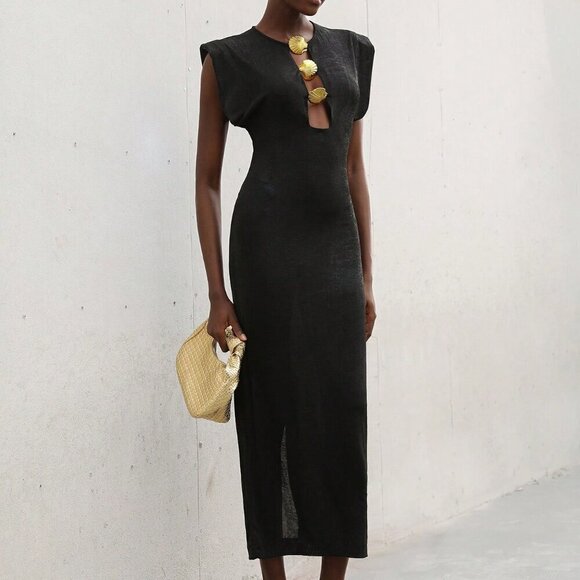 Black Elegant Women's Bodycon Long Dress Puff Sleeves Crew Neck - Picture 6 of 7